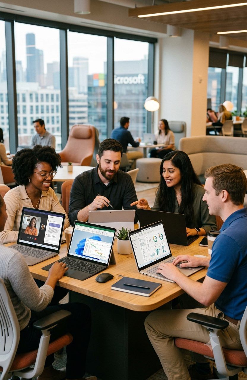Business team collaborating on laptops in a modern Microsoft-powered office