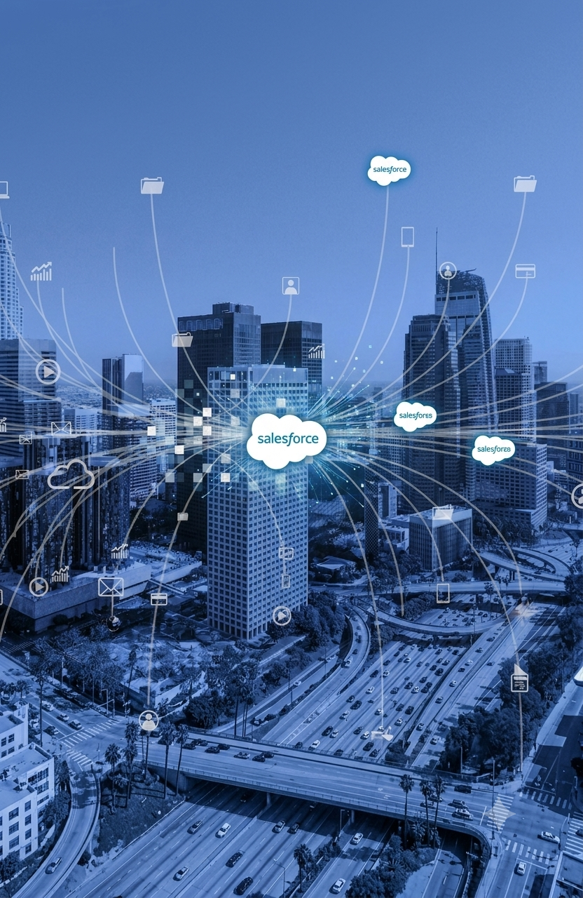 Salesforce cloud CRM connecting a city skyline of business users