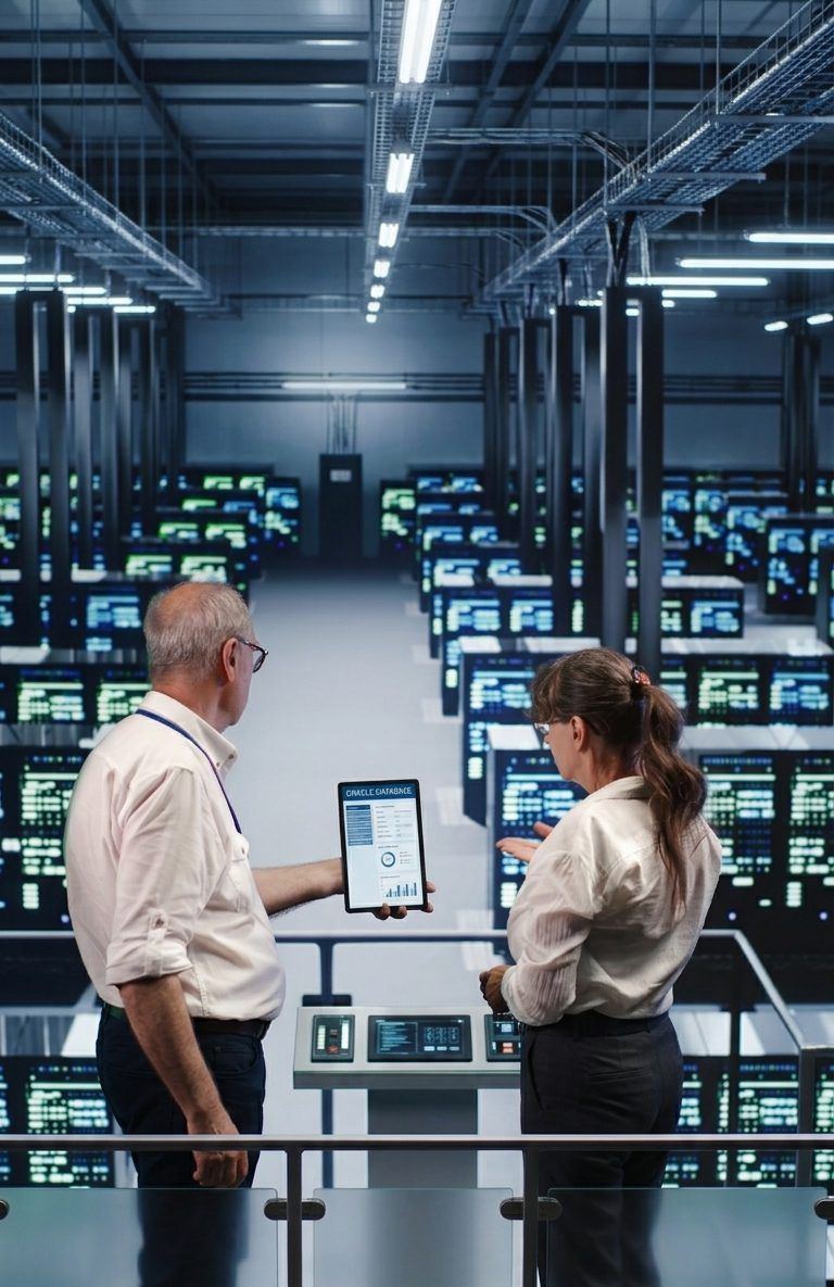 IT team reviewing an Oracle database dashboard in a data center