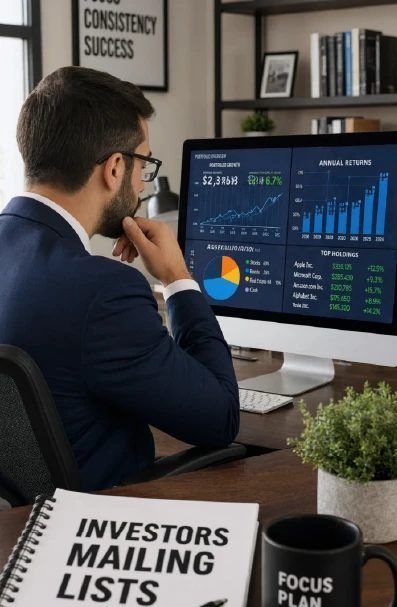 Investors reviewing portfolio performance and market data