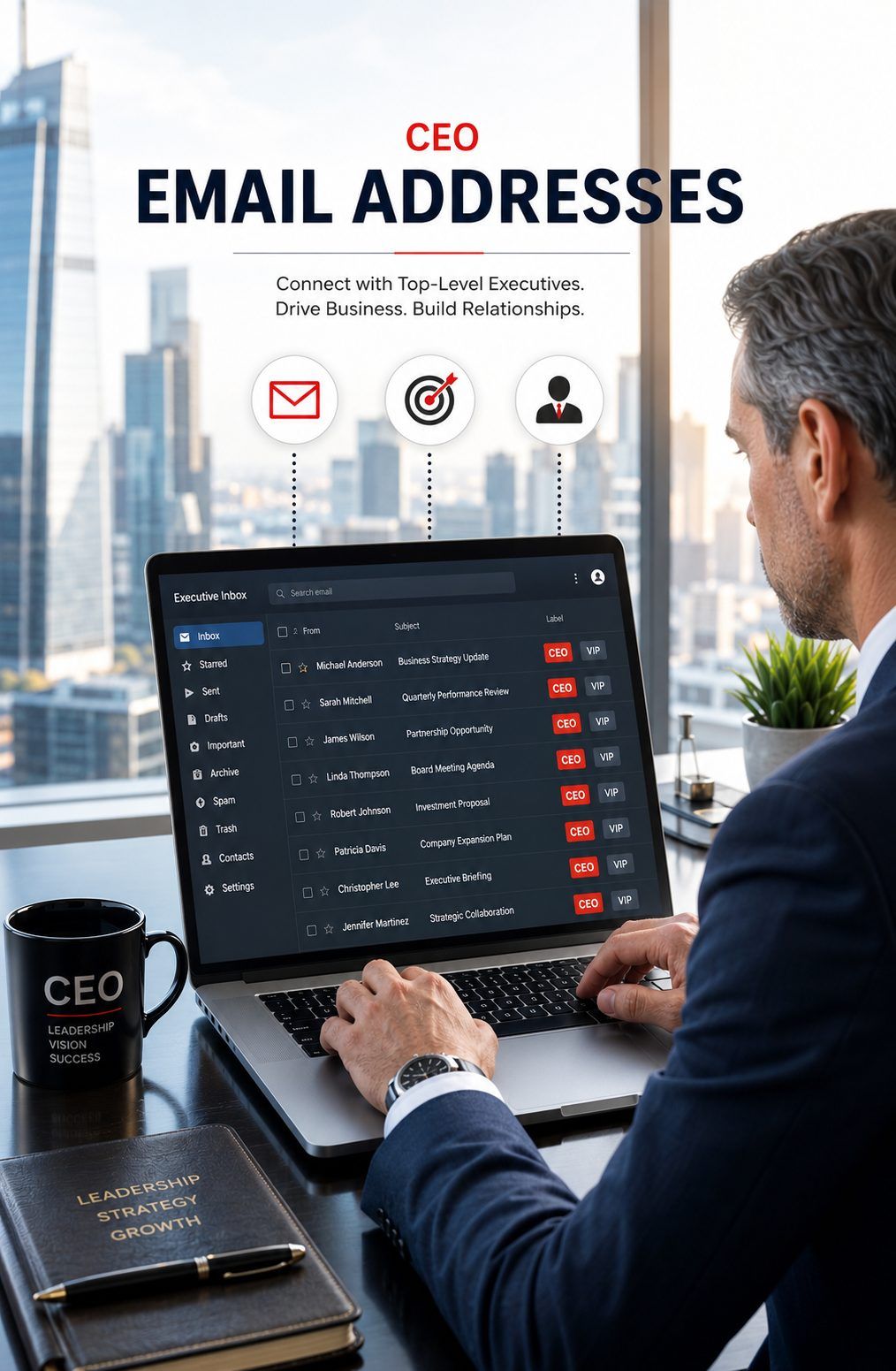CEO reviewing executive email inbox with a city skyline behind