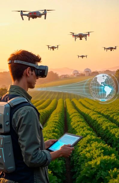 Agronomist using AR headset, tablet and drones to manage a crop field