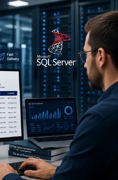 Database professional reviewing Microsoft SQL Server analytics in a data center