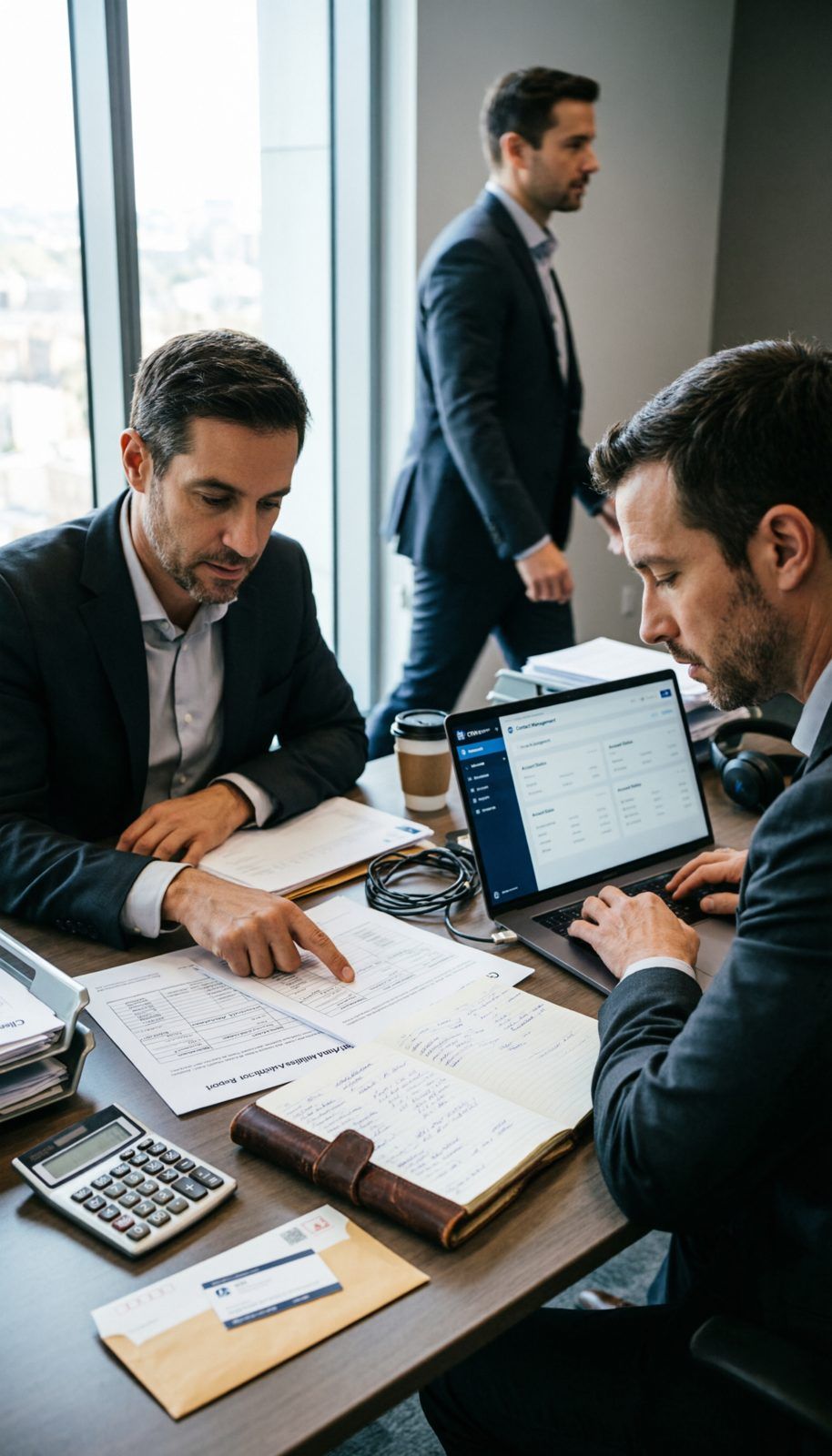 Banking and finance consultants reviewing account data in a CRM dashboard