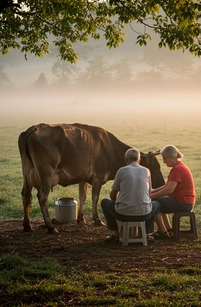 Dairy farmers hand-milking a cow in a misty pasture at dawn