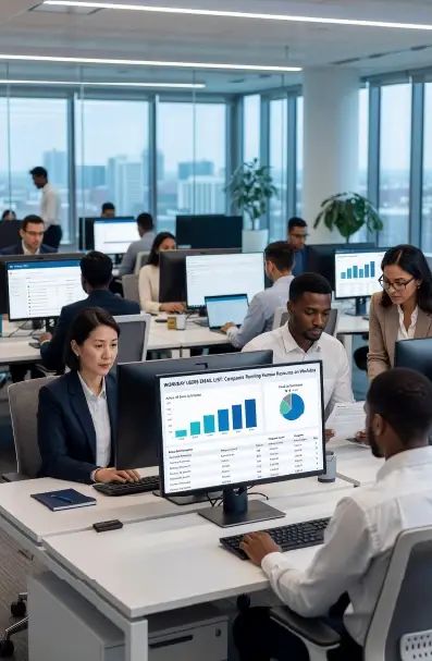 Corporate team reviewing Workday HR and finance dashboards in an open office