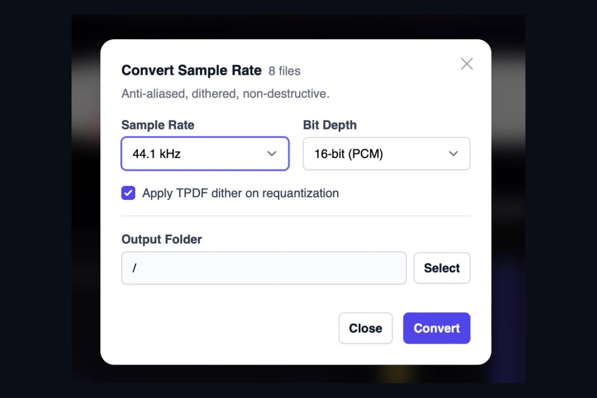 The AMIE Convert Sample Rate dialog: sample rate 44.1 kHz, bit depth 16-bit PCM, TPDF dither enabled, and an output folder.