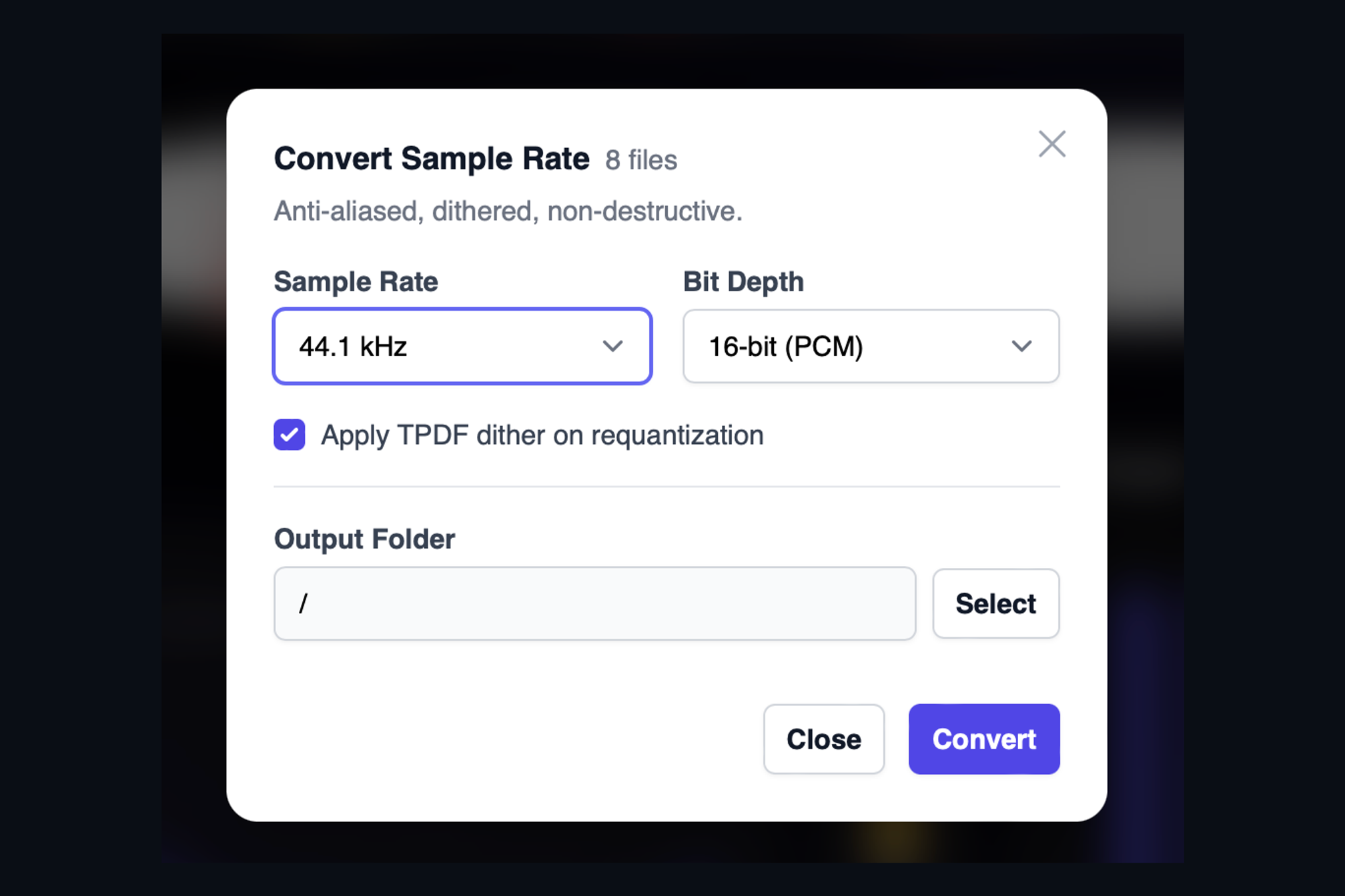 The AMIE Convert Sample Rate dialog: sample rate 44.1 kHz, bit depth 16-bit PCM, TPDF dither enabled, and an output folder.