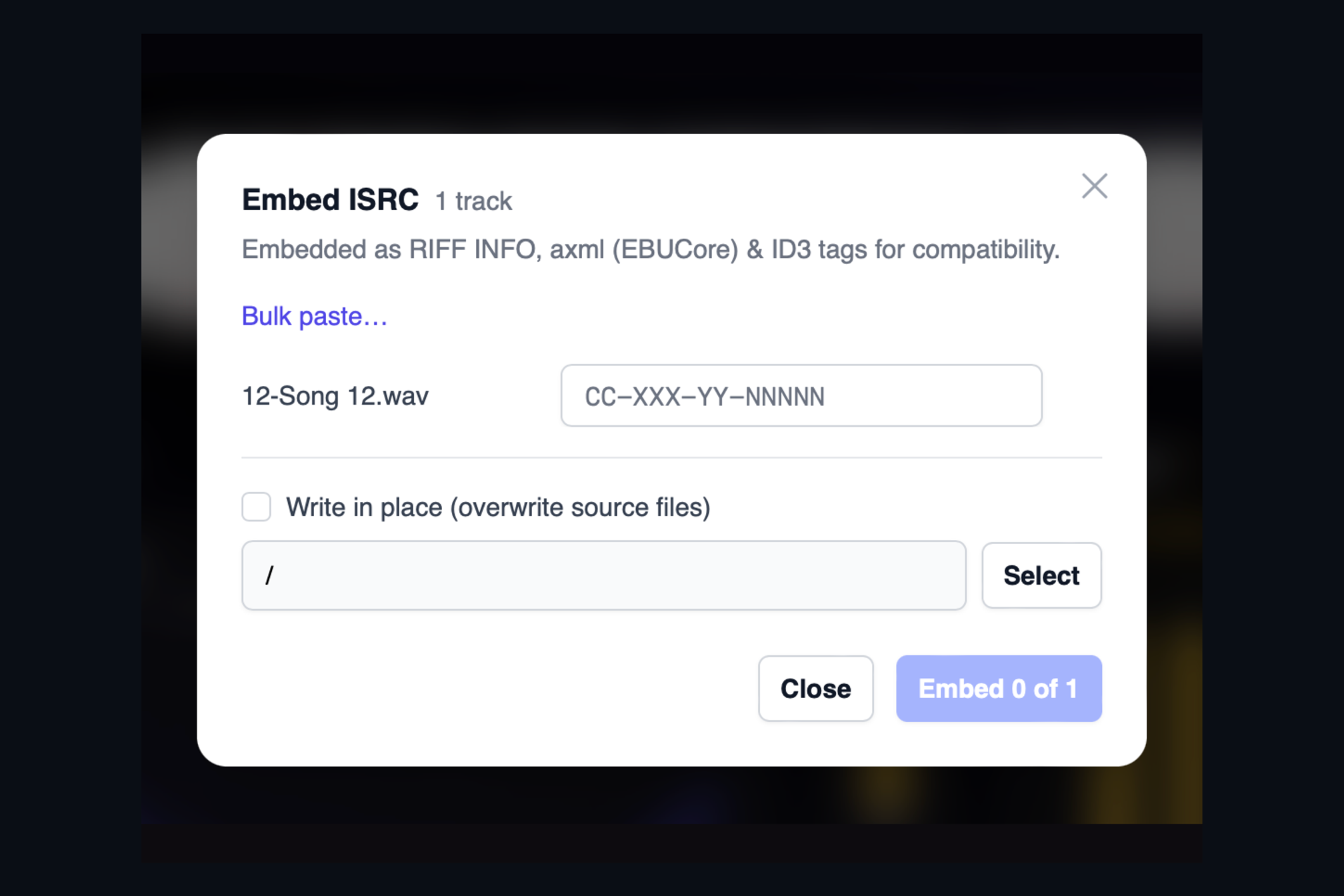 The AMIE Embed ISRC dialog with a track, an ISRC field in CC-XXX-YY-NNNNN format, a Bulk paste link, a Write in place option and an output folder.
