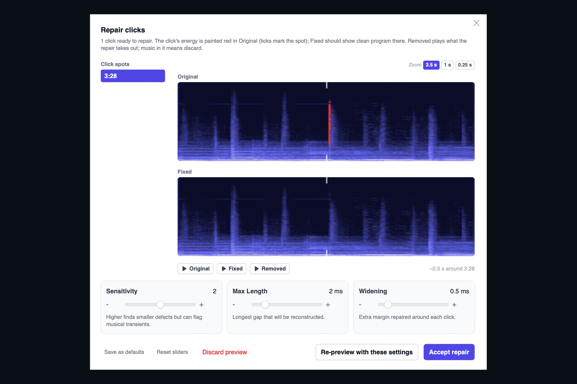 The AMIE Repair clicks sheet: an Original spectrogram with the click painted red, a Fixed spectrogram below it showing clean program, Original, Fixed and Removed audition buttons, and the repair sliders.