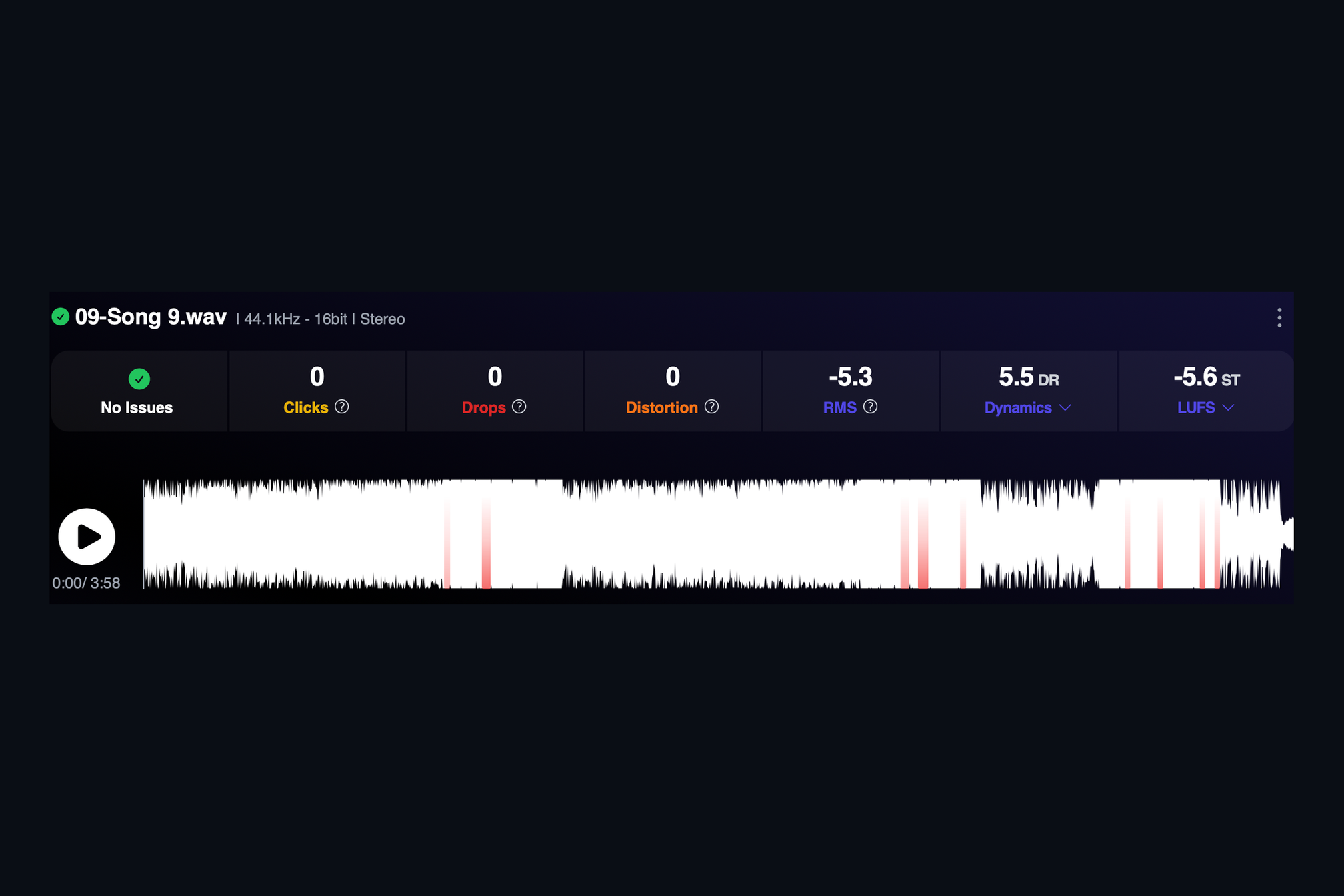AMIE stats row for a song: No Issues, zero clicks, drops and distortion, RMS, a dynamic range reading and short-term loudness in LUFS.