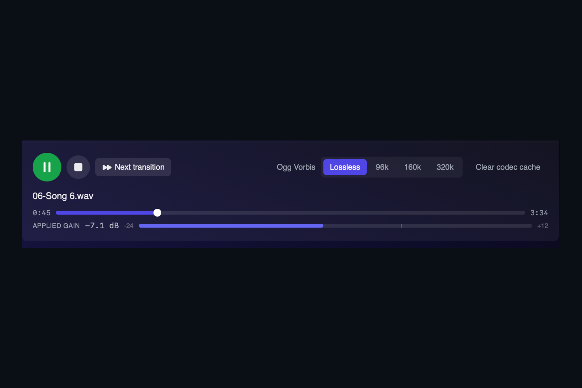 The AMIE Injector transport with Ogg Vorbis quality buttons for Lossless, 96k, 160k and 320k, a track progress bar and an applied gain readout.