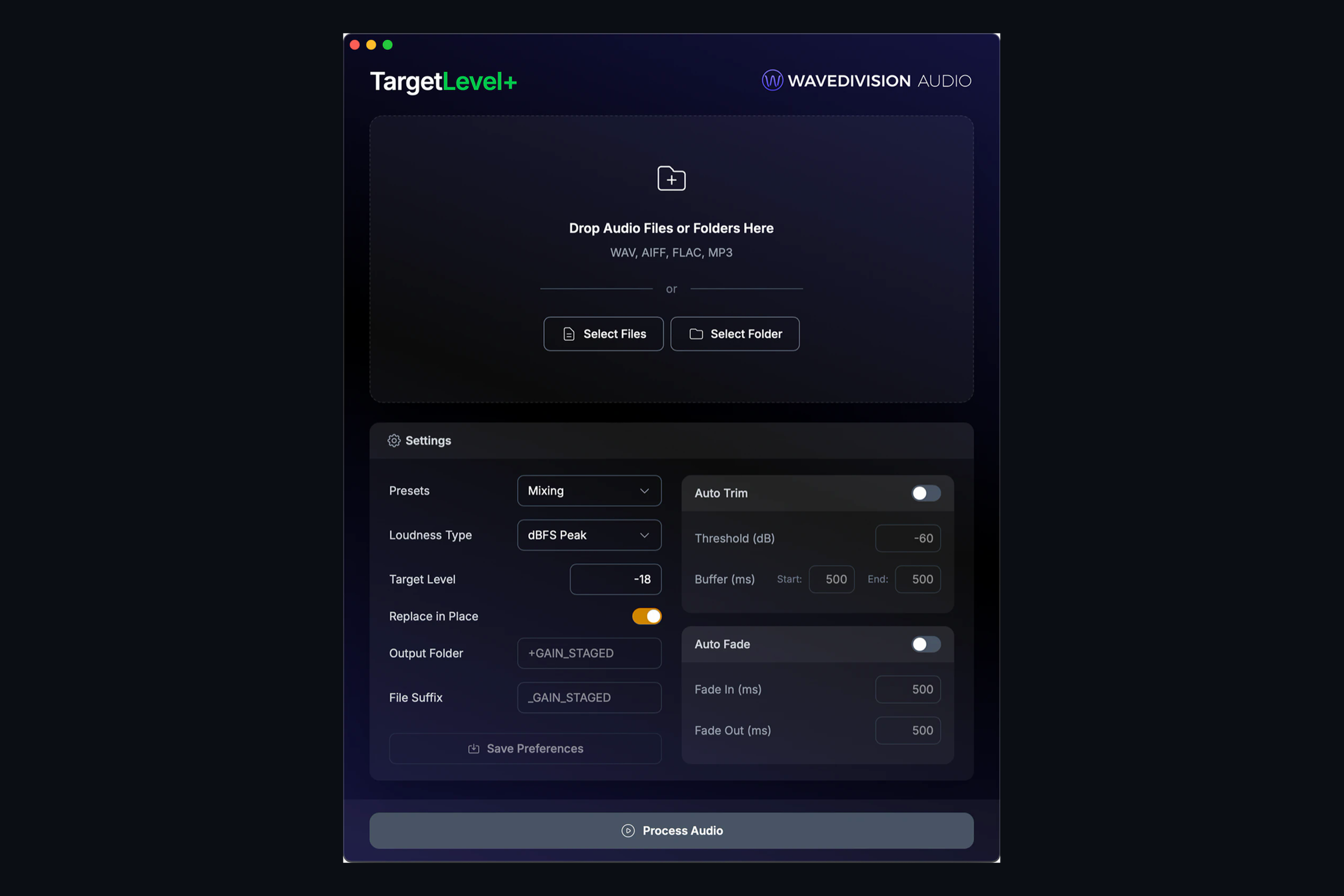 TargetLevel+ main window: a drop zone for files and folders above the preset, loudness type, target level, auto trim and auto fade settings