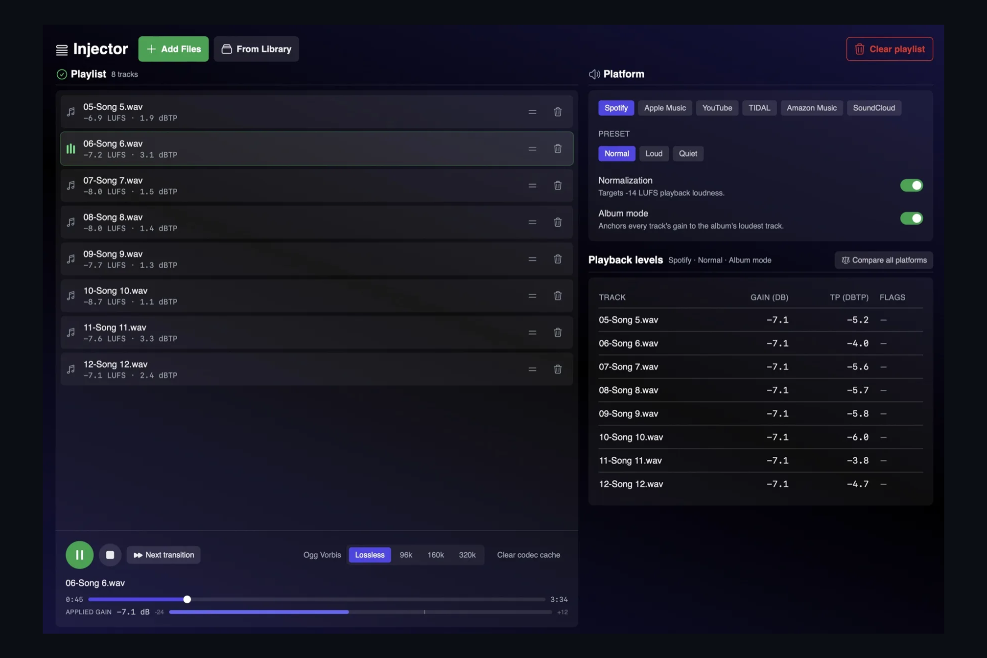 The AMIE Injector page: an eight-track playlist with loudness and true peak per track, platform chips for Spotify, Apple Music, YouTube, TIDAL, Amazon Music and SoundCloud, and a playback levels table.