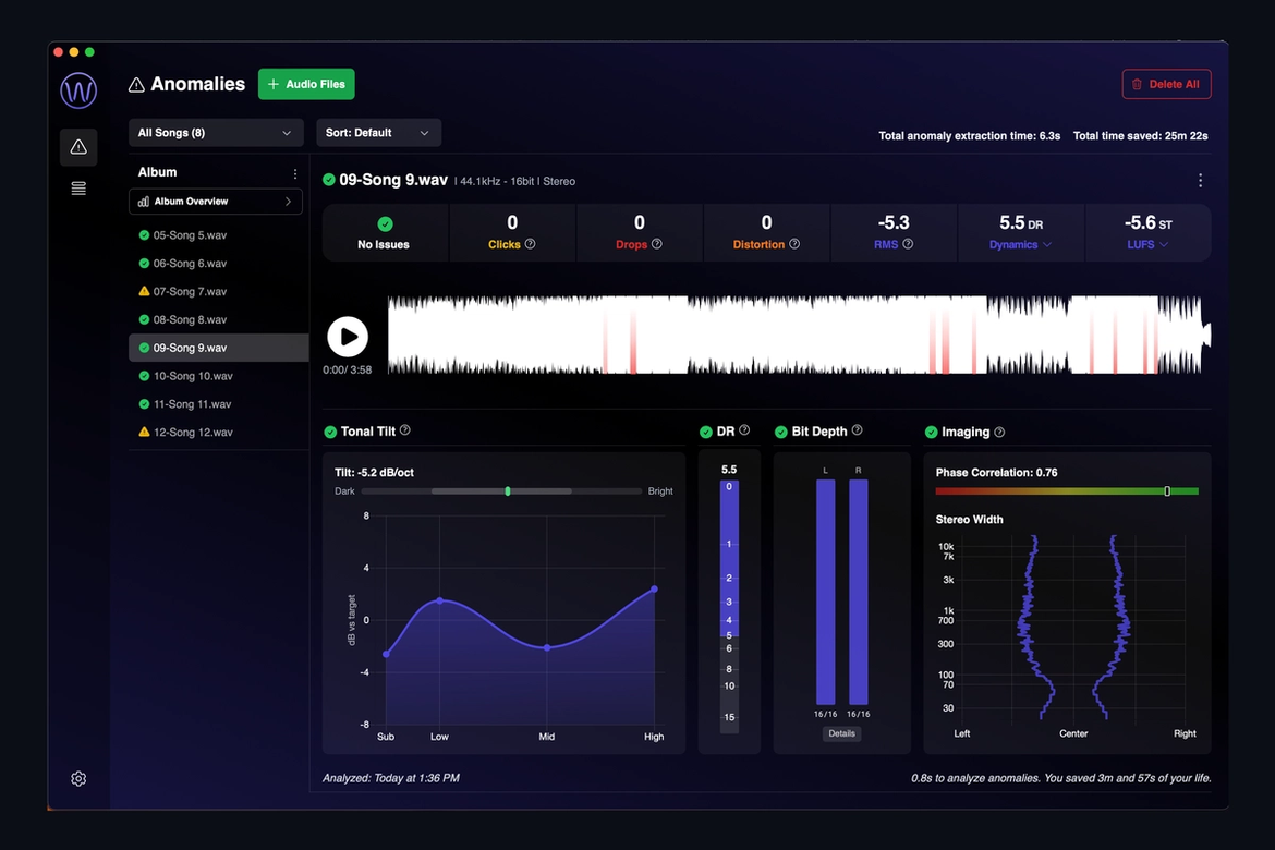 The AMIE app window after a batch run: a list of songs with pass and warning icons and the vitals for the selected song