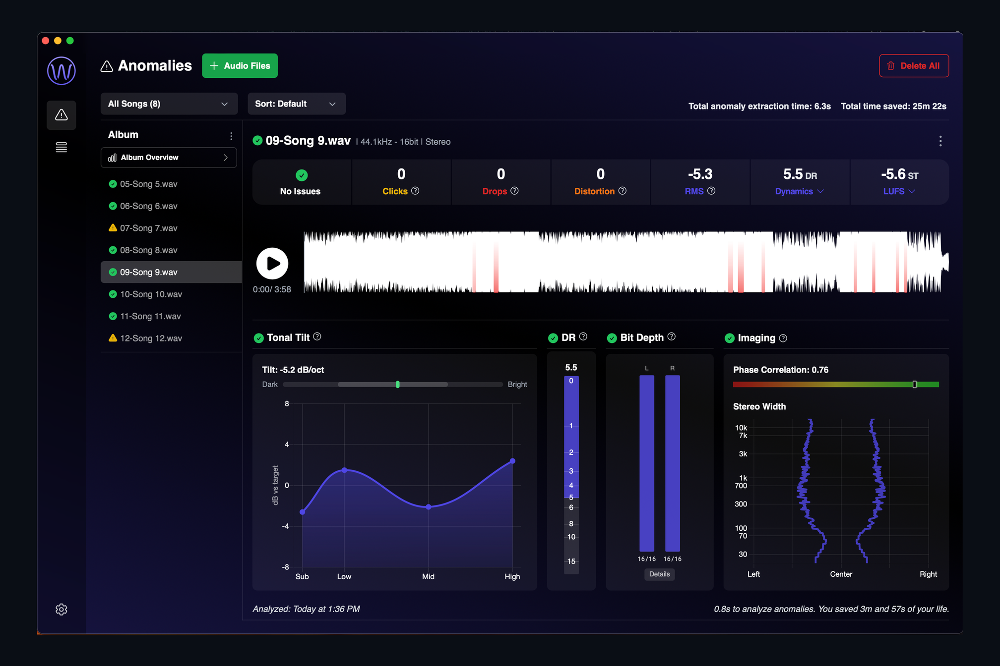 The AMIE app window after a batch run: a list of songs with pass and warning icons and the vitals for the selected song