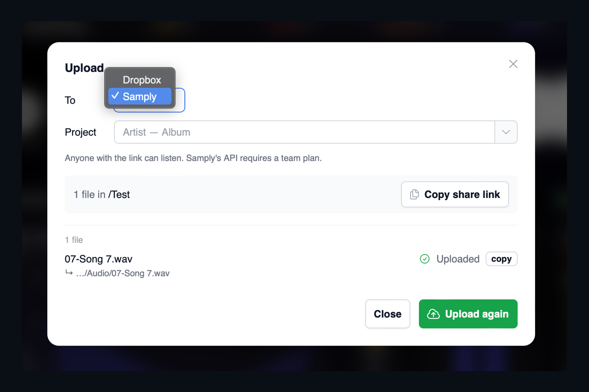 The AMIE Upload dialog with a destination picker showing Dropbox and Samply, an uploaded file marked as done, and a Copy share link button.