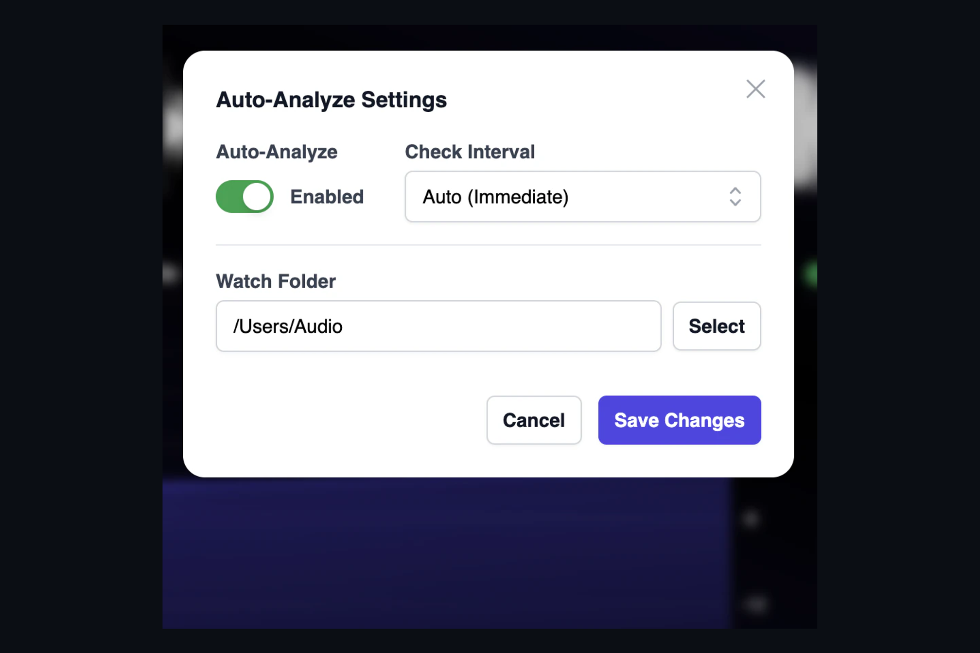 The AMIE Auto-Analyze Settings dialog with Auto-Analyze enabled, the check interval set to Auto (Immediate) and a Watch Folder path.