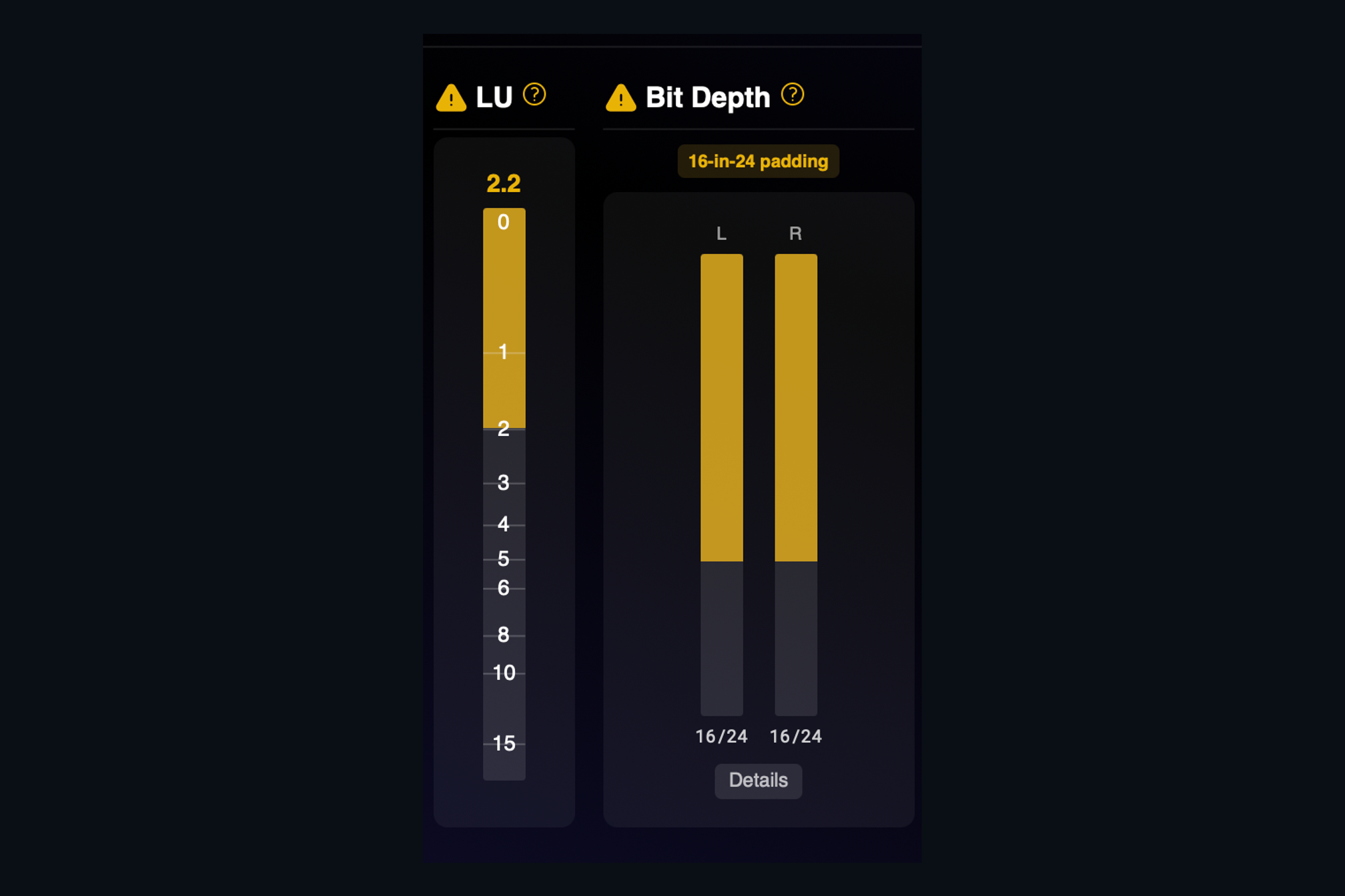 AMIE Bit Depth panel with a "16-in-24 padding" badge and two channel meters reading 16 of 24 bits.