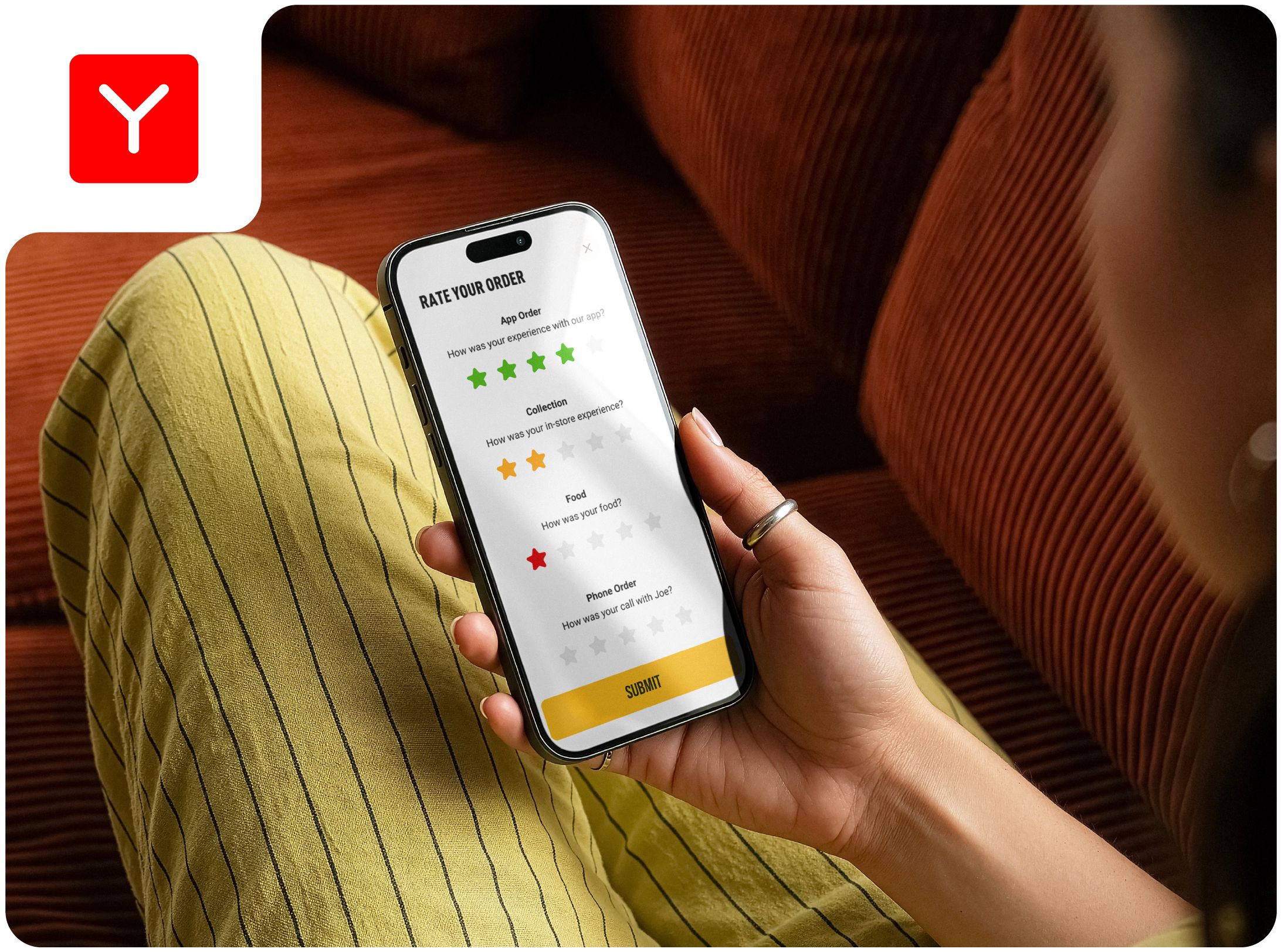 A mobile showing a customer feedback rating