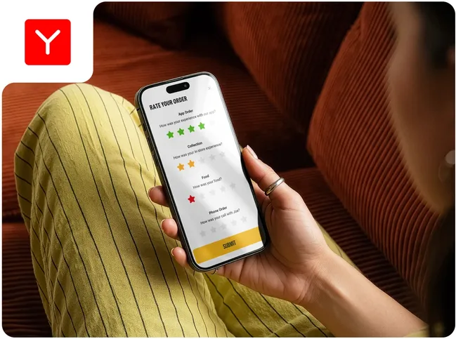 A mobile showing a customer feedback rating