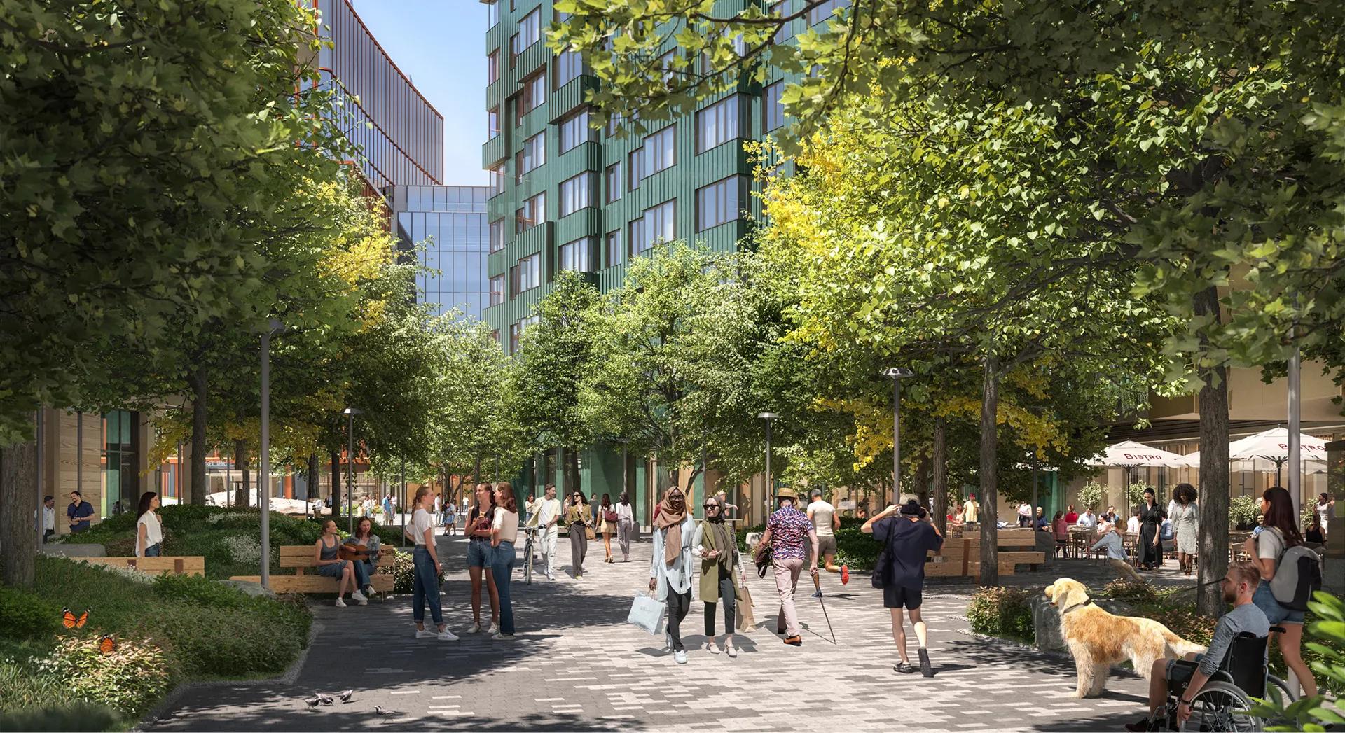 Vibrant Allstonway community space in Boston near Harvard, with people collaborating, relaxing, and walking among green trees and modern buildings