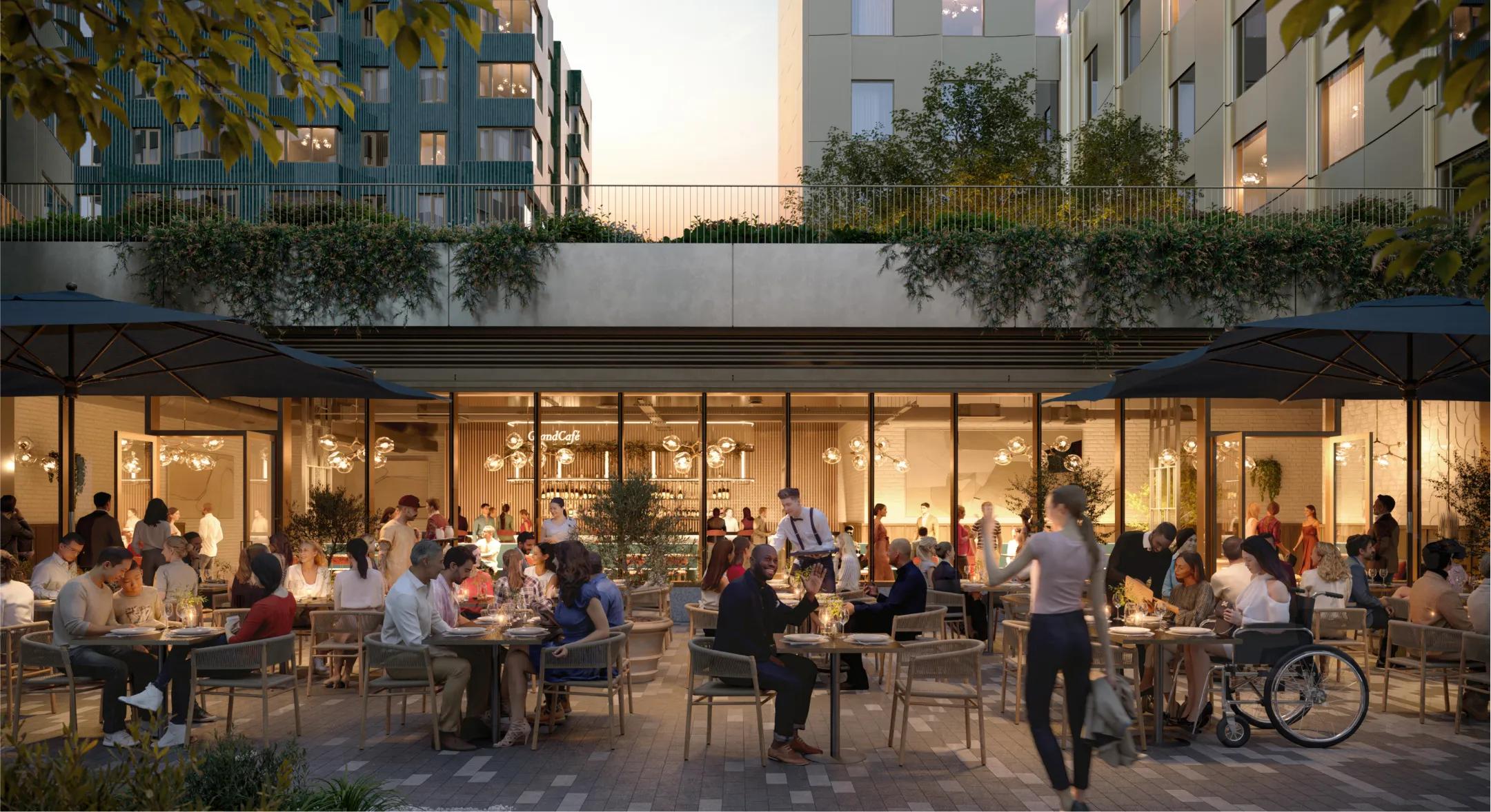Allstonway, a new dynamic public space and innovation hub located in the Allston neighborhood of Boston. 