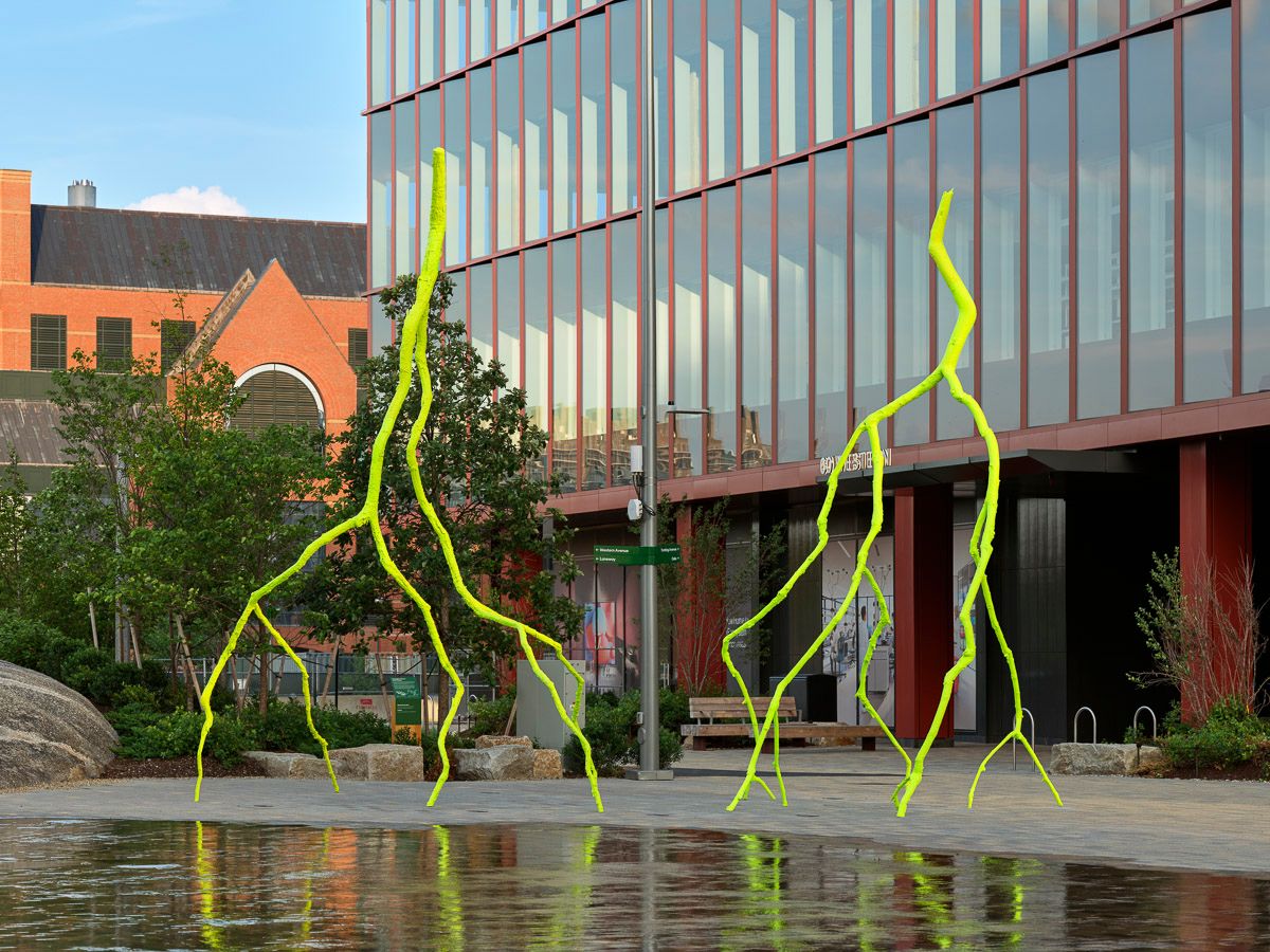 The image shows Ugo Rondinone’s monumental painted bronze sculptures titled “sublime light” and “blissful light” installed at Harvard University's Enterprise Research Campus in Allston, Boston.