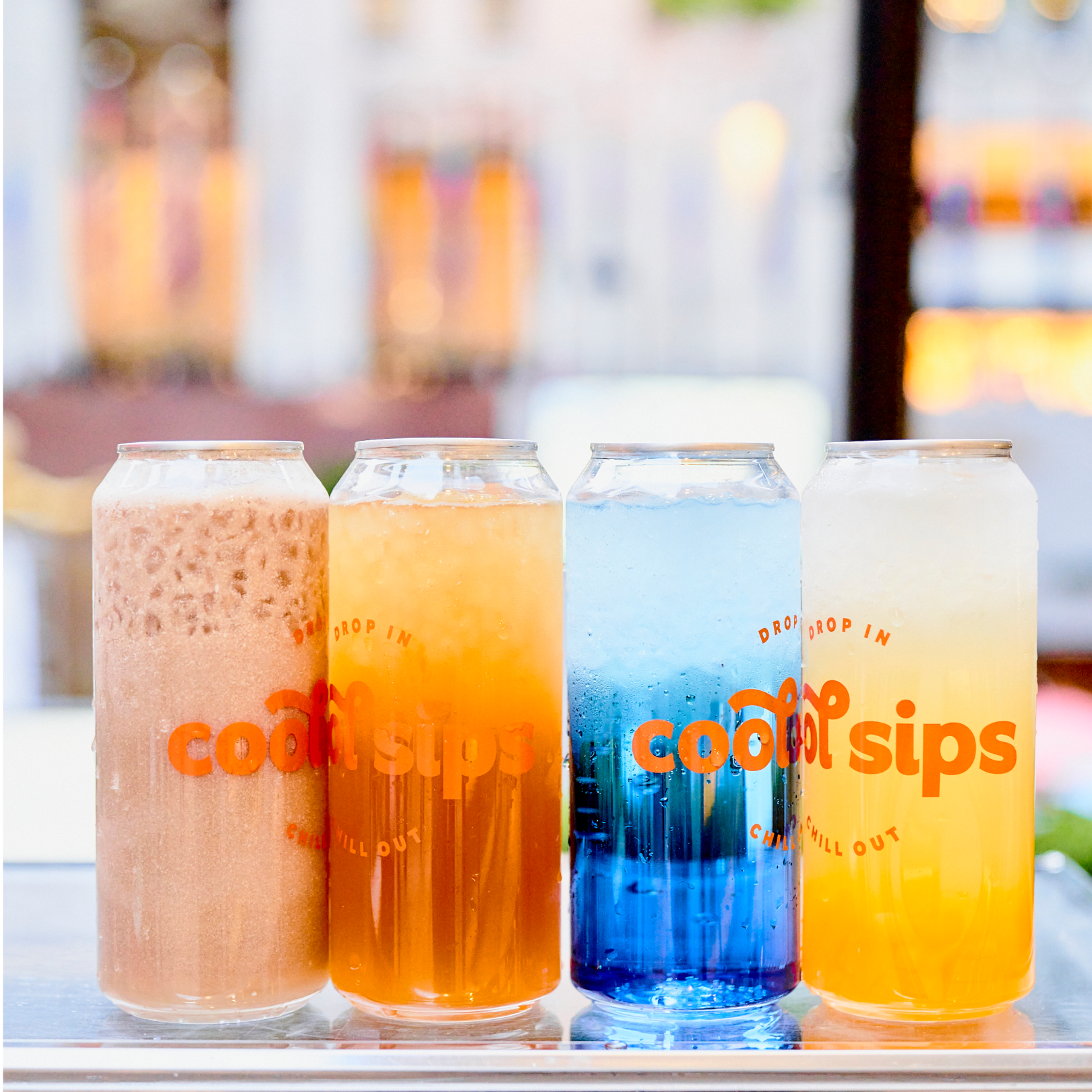 Four grab-and-go drinks on display at Cool Sips' truck at Rockefeller Center