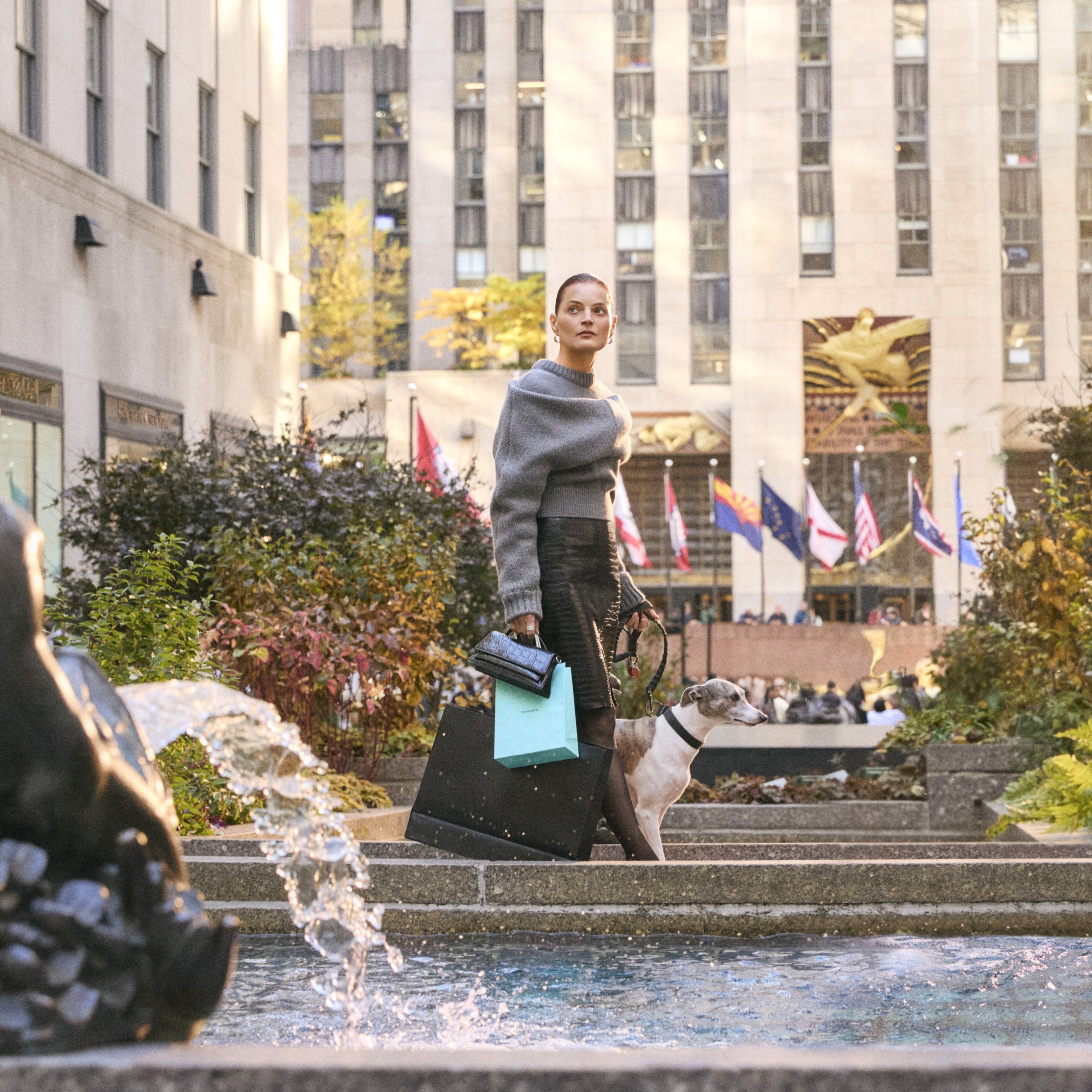 A woman walking with shopping bags and a dog in front of a fountain