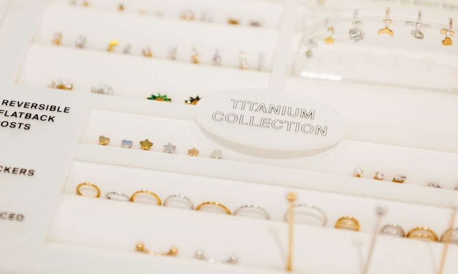 Earrings from Studs' Titanium Collection on display
