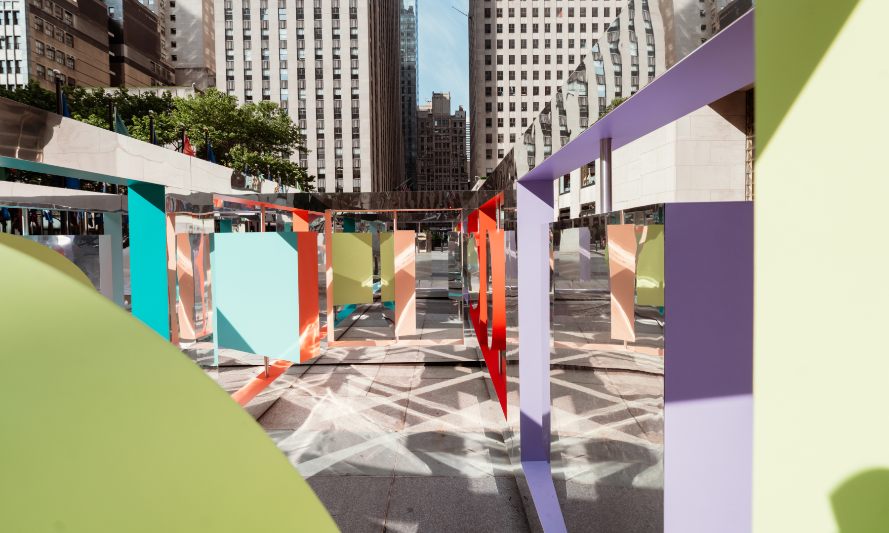The interior view of artists Wade and Leta's interactive sculpture "Reflection Point" on Rockefeller Center's Center Plaza