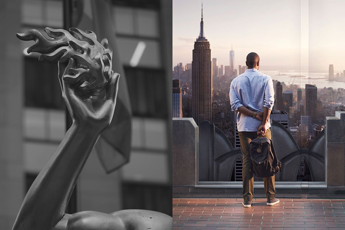 Man overlooking the city skyline from the observation deck