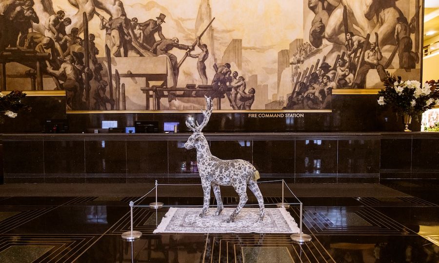 Stag sculpture by artist Debbie Lawson on display at Rockefeller Center