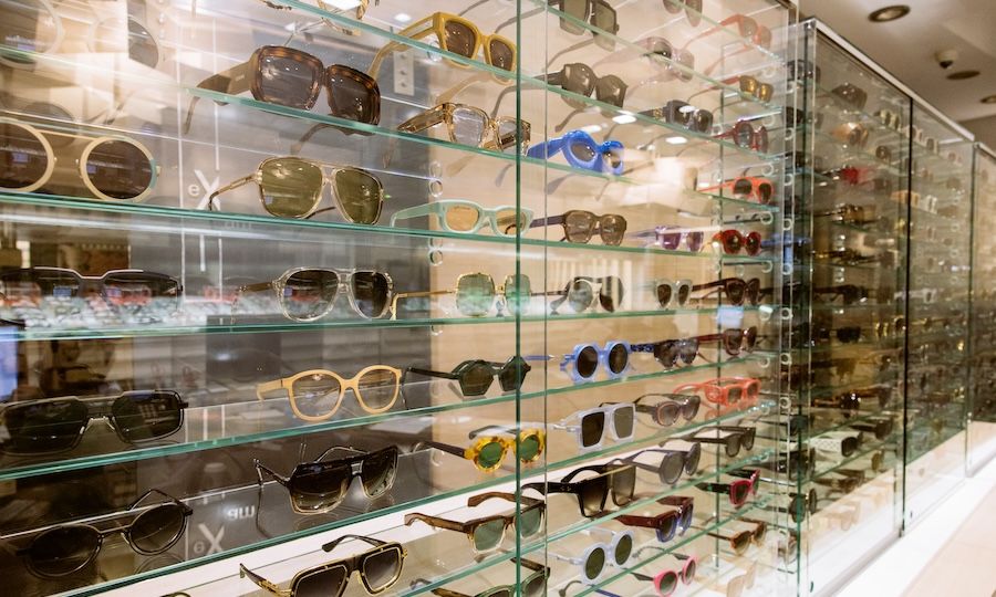 Display case of glasses and sunglasses at Studio Optix at Rockefeller Center
