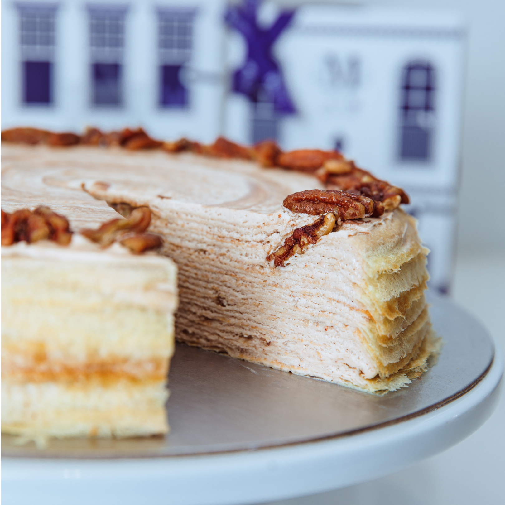 A mille-feuille cake with a slice taken out of it from Lady M at Rockefeller Center
