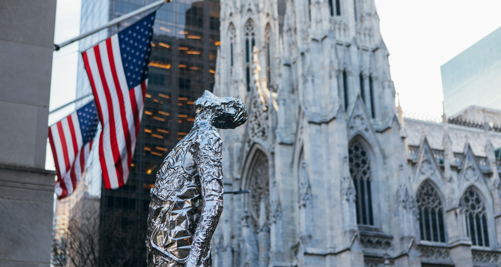 Tom Friedman’s “Looking Up” sculpture seen with St. Patrick’s Cathedral