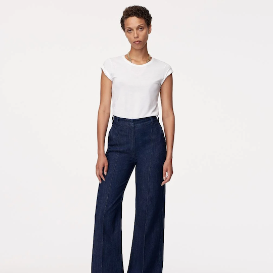 Model wearing the High Waisted Denim Trouser from Another Tomorrow