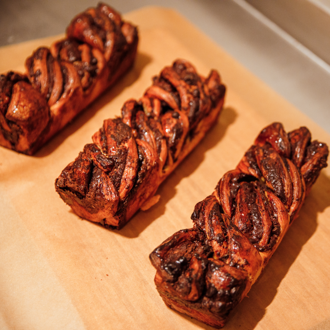 A tray of three chocolate babkas from Breads at Rockefeller Center