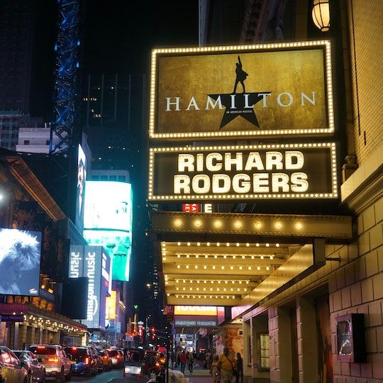 Signage for the musical Hamilton on Broadway