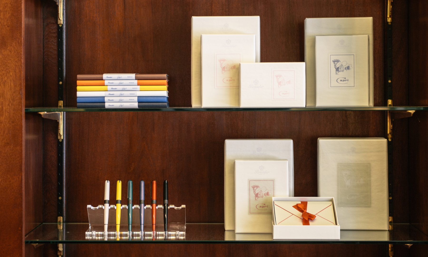 Various stationery items on display at Pineider at Rockefeller Center