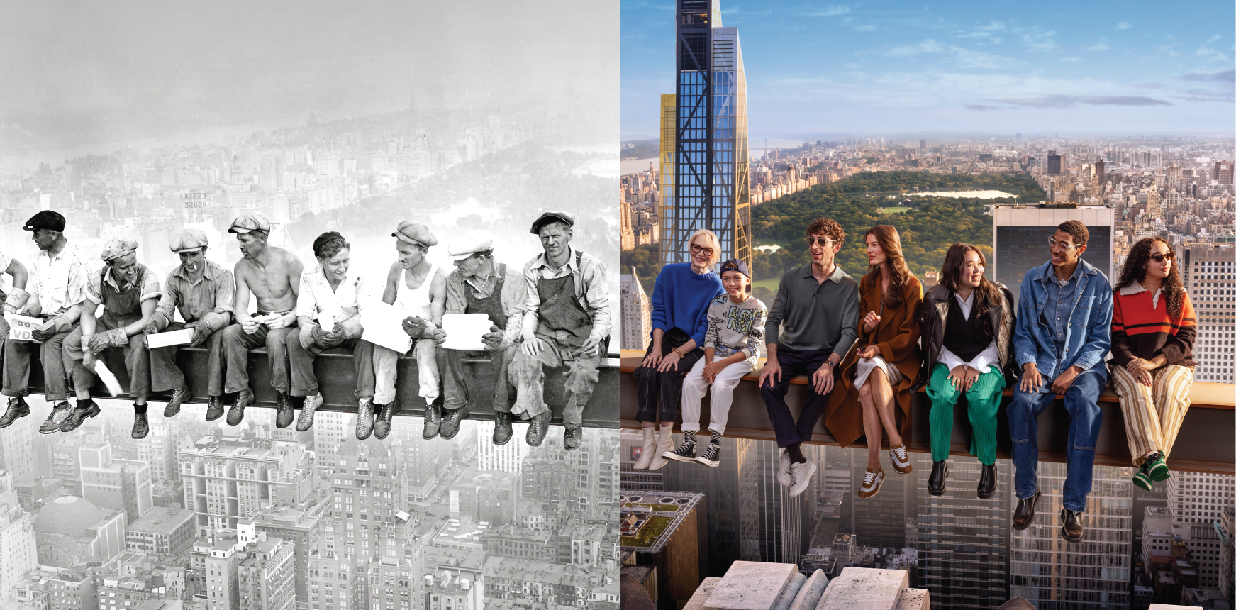 The Beam at Rockefeller Center, people sitting on a beam 70 years ago and now, 30 rockefeller plaza