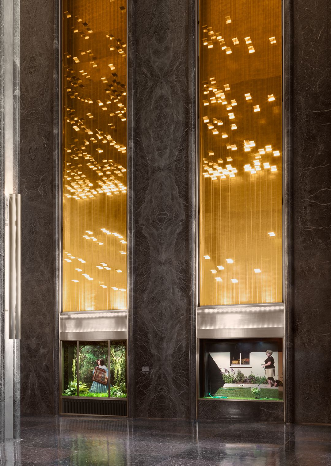 Light and Movement, a sculpture by Michio Ihara, on the main-lobby north and south walls of 630 Fifth Avenue.