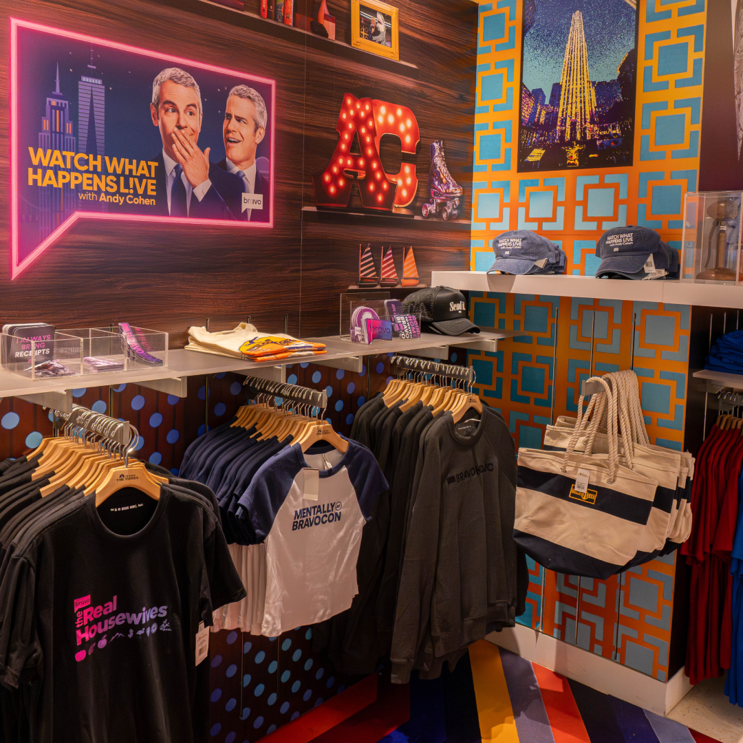 A display of merch from "Watch What Happens Live" at The Shop at NBC Studios