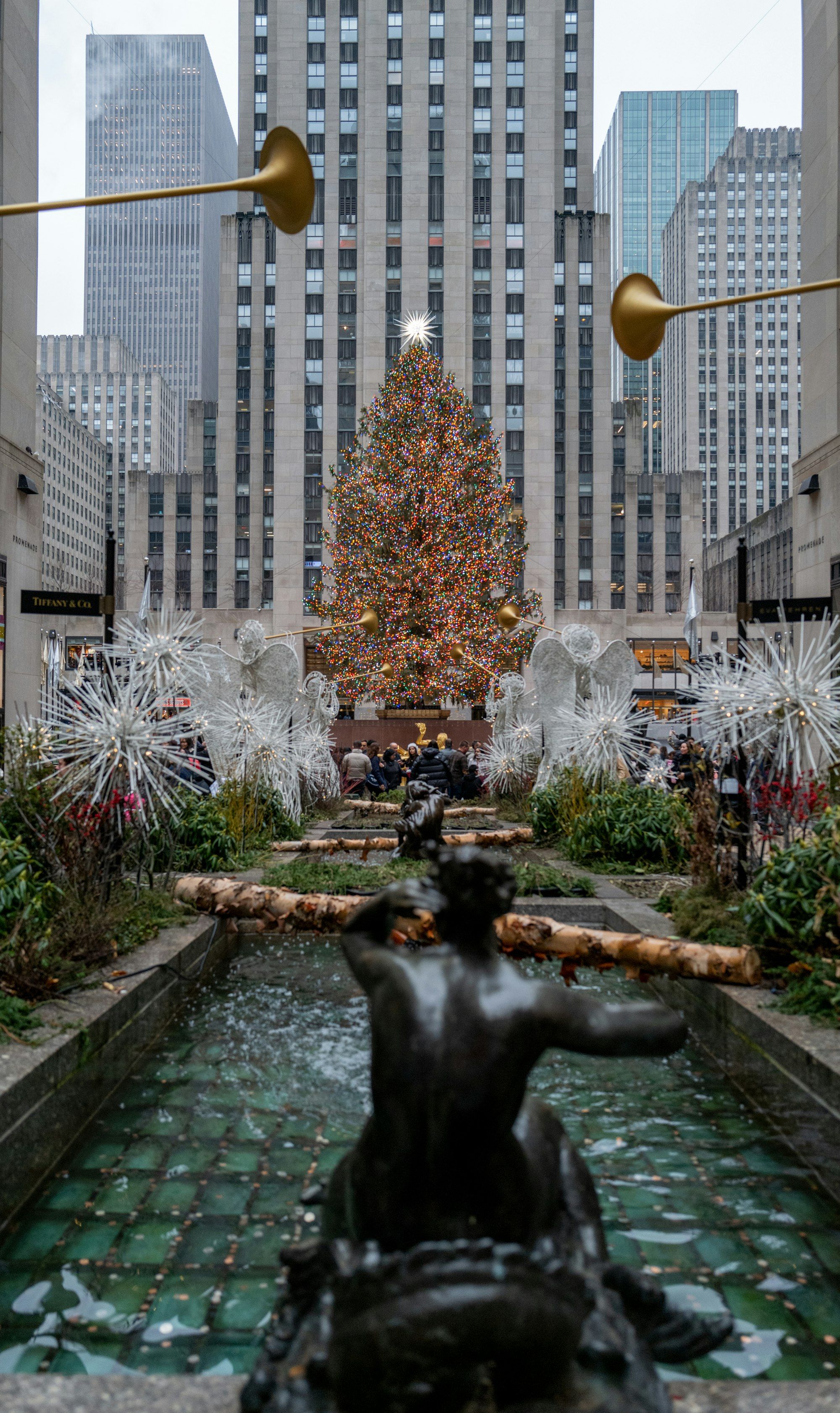 The Channel Gardens at Rockefeller Center decorated for the holidays, looking toward the Christmas Tree.