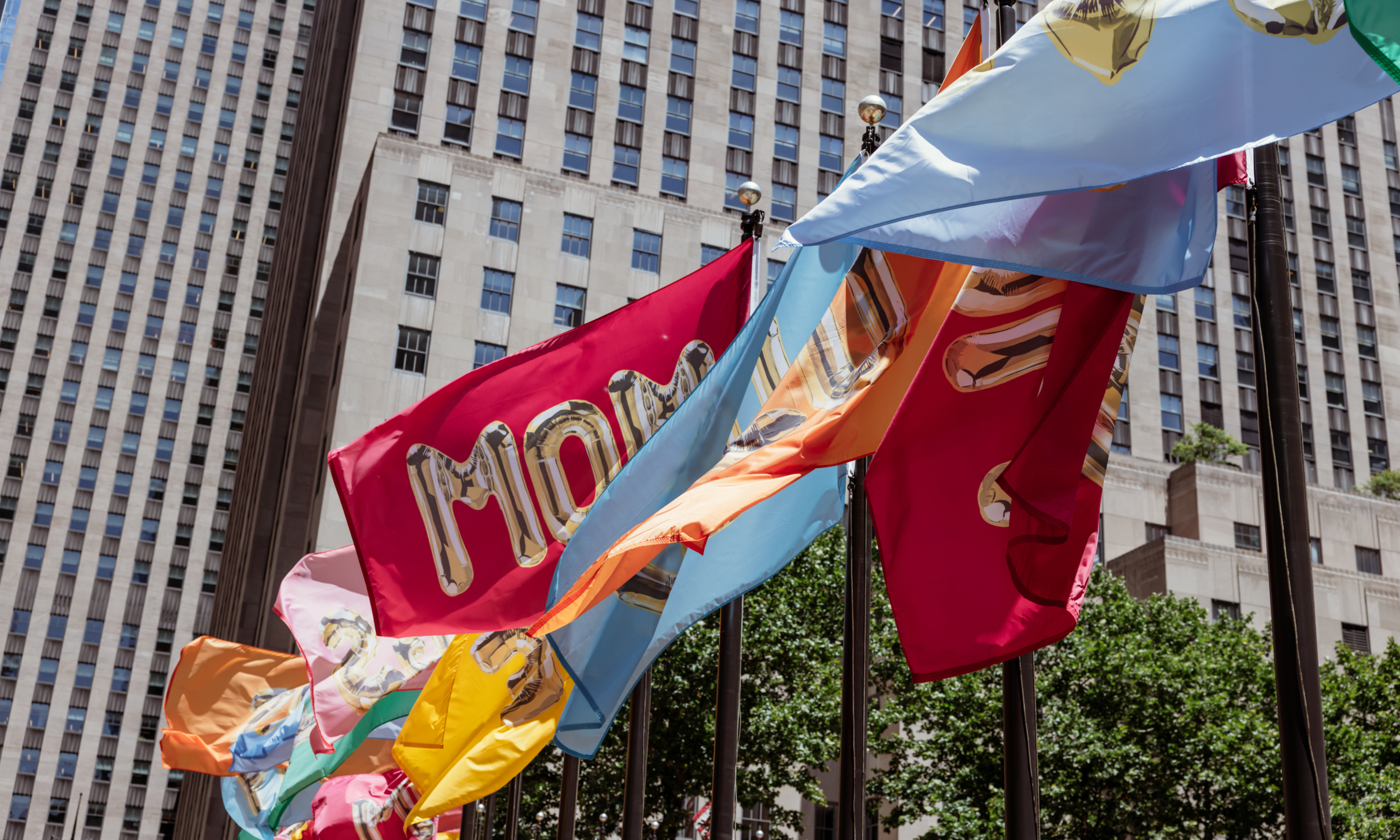 Flags designed by artist Joel Mesler on display around The Rink at Rockefeller Center