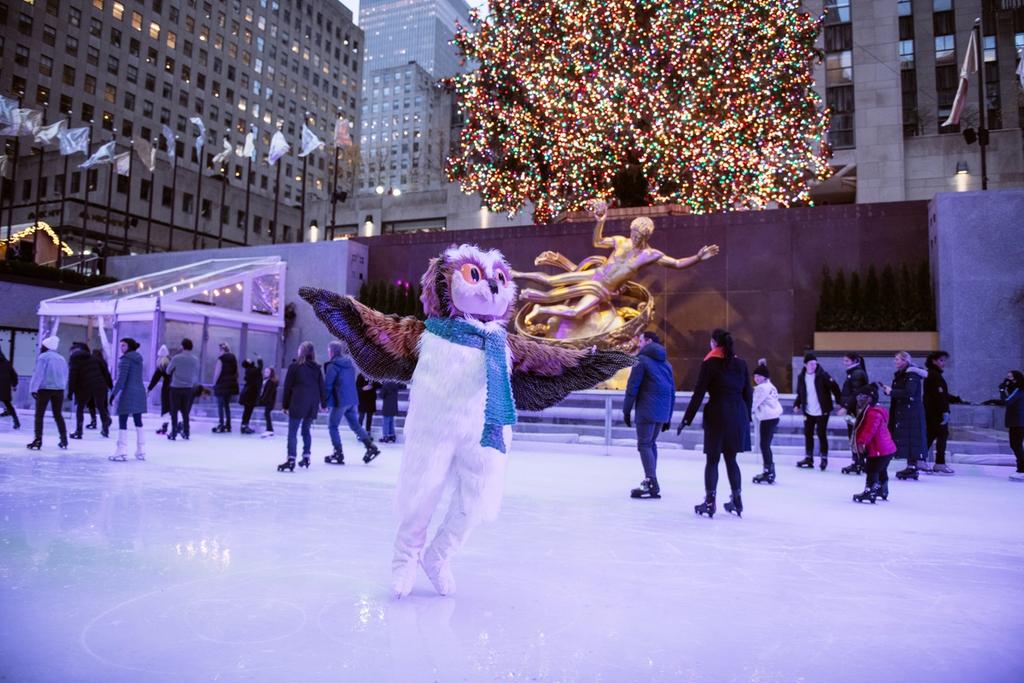 Roxy the Owl ice skating on The Rink at Rockefeller Center
