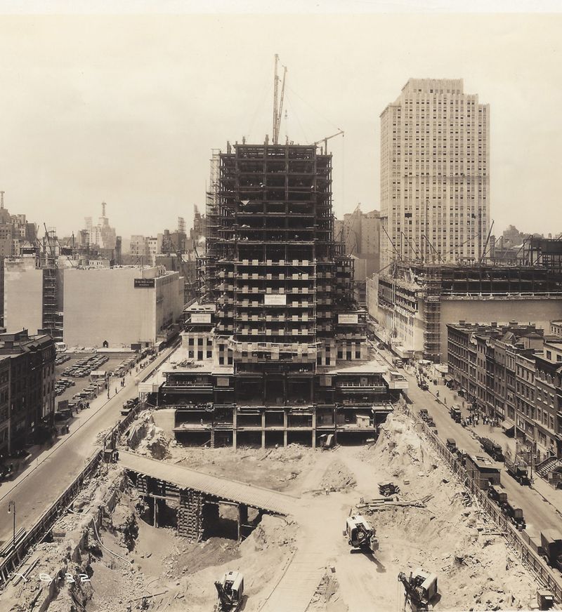 A black and white photo depicting the construction of Rockefeller Center.