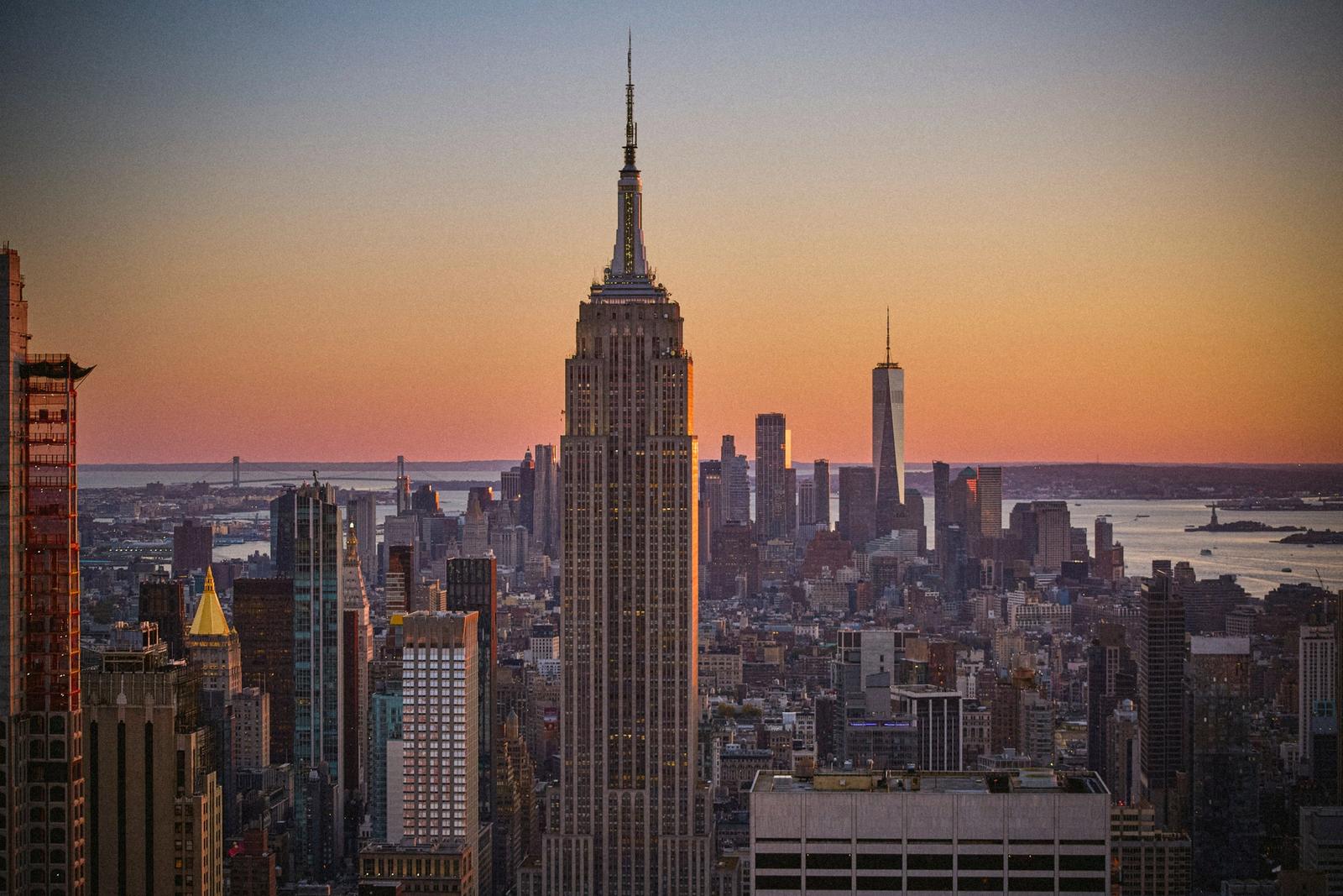 Sunlight hitting the skyscrapers of Manhattan at sunset.