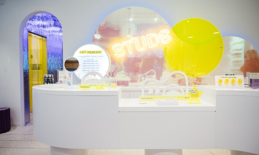 Earrings on display at the checkout counter inside Studs' new store at Rockefeller Center